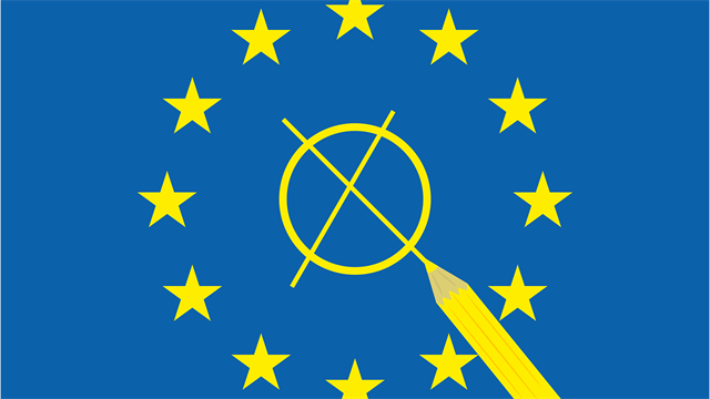 Blauer Hintergrund mit Kreis aus gelben Sternen u. Wahlkreuzchen